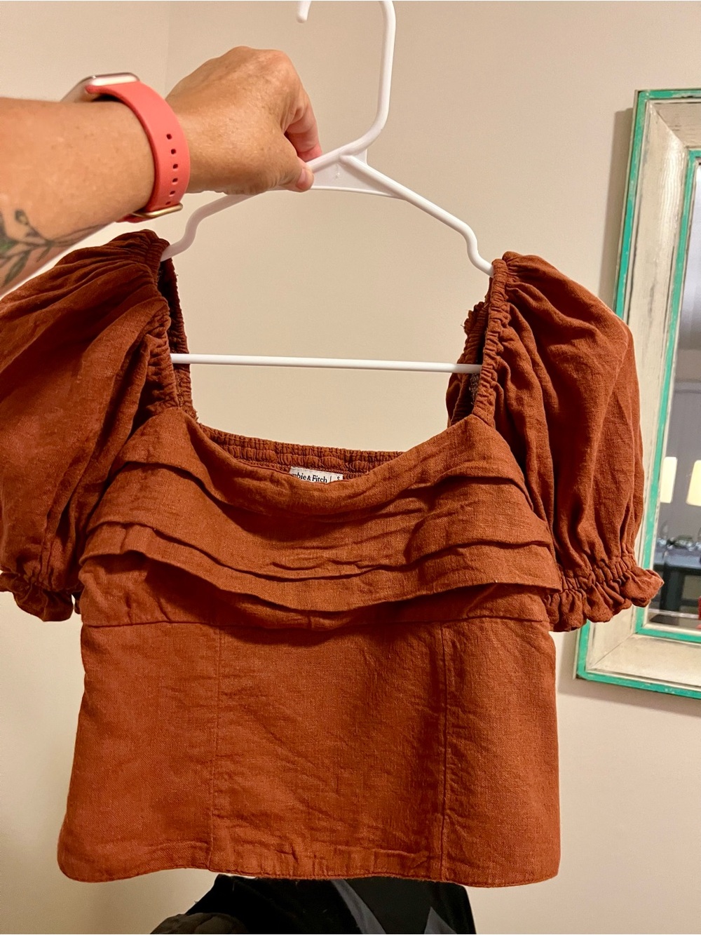 Abercrombie & Fitch Rust Puff-Sleeve Linen-Blend Crop Top